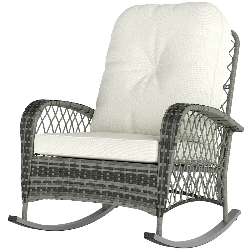 Outsunny Rattan Rocking Chair, Outdoor Wicker Patio Rocker Chair Furniture with Thick Cushions, for Garden Backyard Porch, Khaki