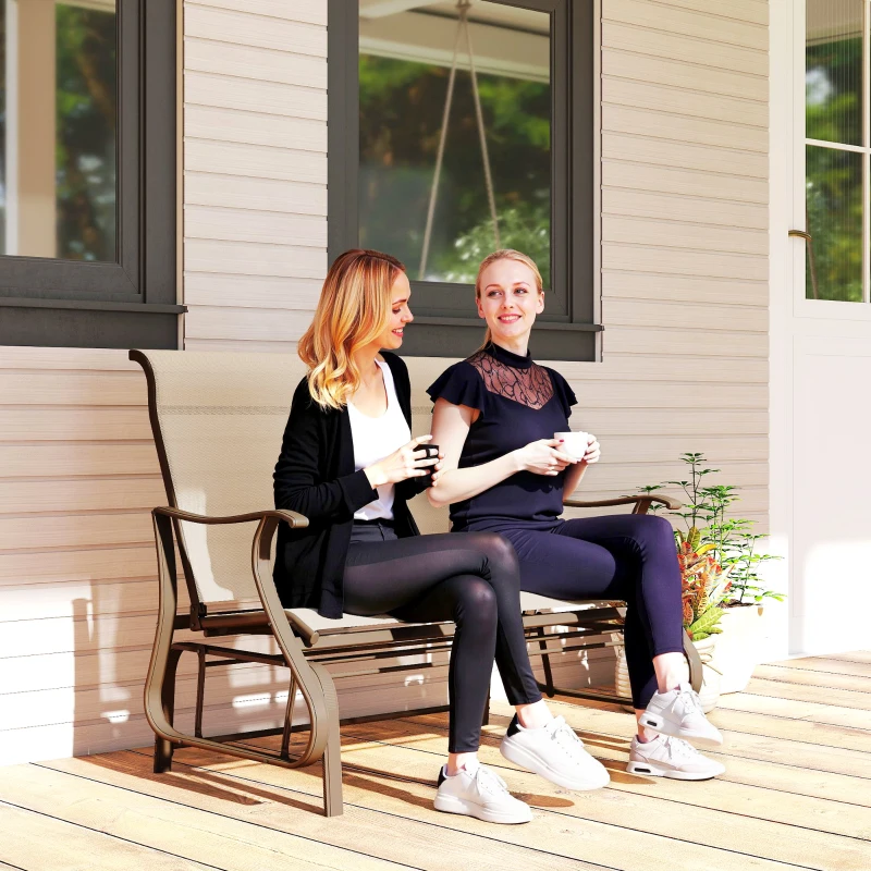 Outsunny 2-Person Outdoor Glider Chair, Patio Glider Rocking Chair with Mesh Seat and Backrest, Steel Frame for Outdoor, Backyard, Khaki