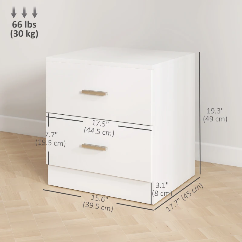 HOMCOM Bedside Table with 2 Drawers, Modern Nightstand for Bedroom, White