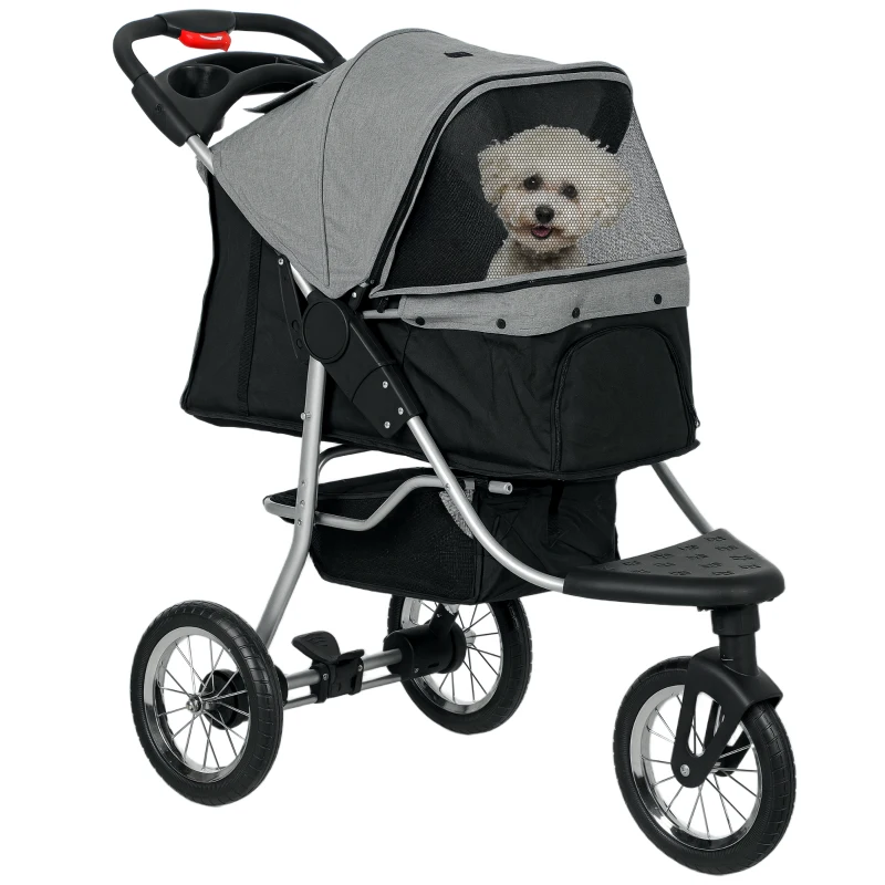 PawHut Small Dog Stroller, 3-Wheel Foldable Pet Stroller with Adjustable Canopy and Zippered Mesh Door for Pet Owners, Grey
