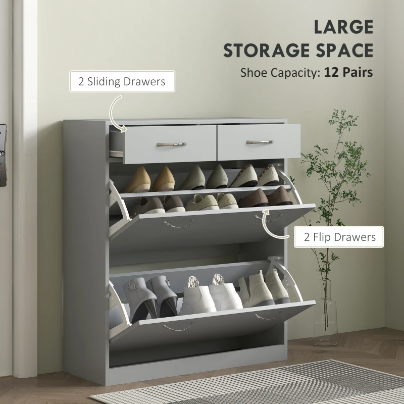 HOMCOM Narrow Shoe Storage with 2 Flip Drawers and Adjustable Shelves Shoe Organizer Cabinet for 12 Pairs of Shoes, Grey