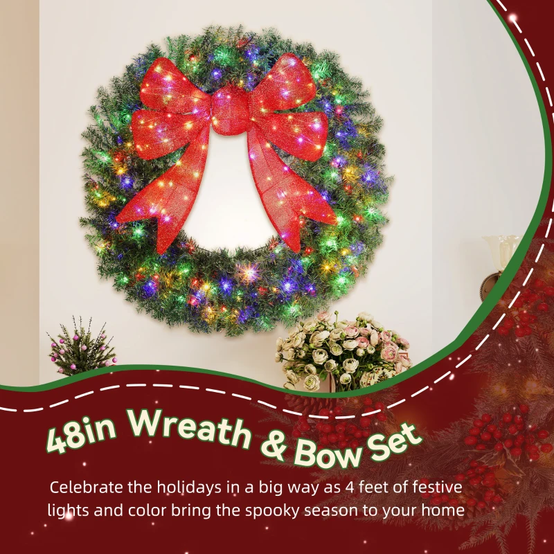 HOMCOM 48in Pre-Lit Christmas Wreath with 3D Red Bow, 11 Lighting Modes, Front Door Christmas Wreath with Remote