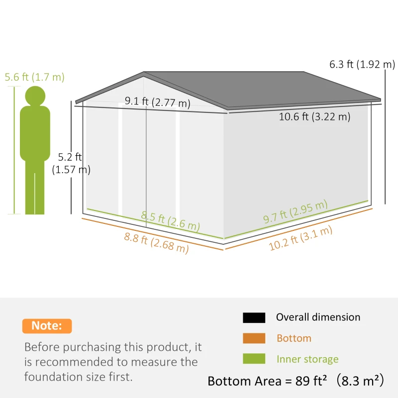 Outsunny 9' x 10.6' Garden Storage Shed w/ Foundation Kit Metal Tool Storage House w/ Double Doors Brown