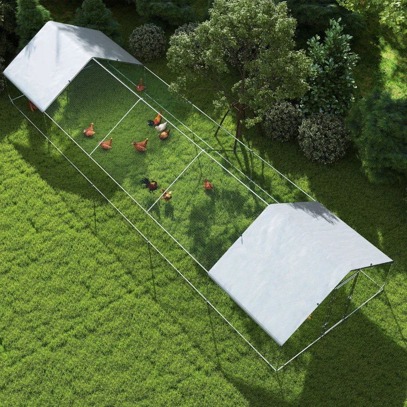 PawHut Metal Chicken Coop with Water- and UV-Protection Cover for Backyard Hen, Duck, Rabbit, 9.8' x 32.8' x 6.4'