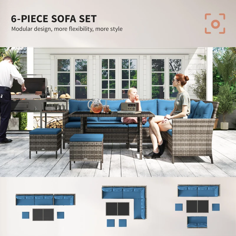 Outsunny 6pcs Outdoor Rattan Sofa Set Garden Wicker Sectional Couch Furniture Set with Dining Table and Chair Blue