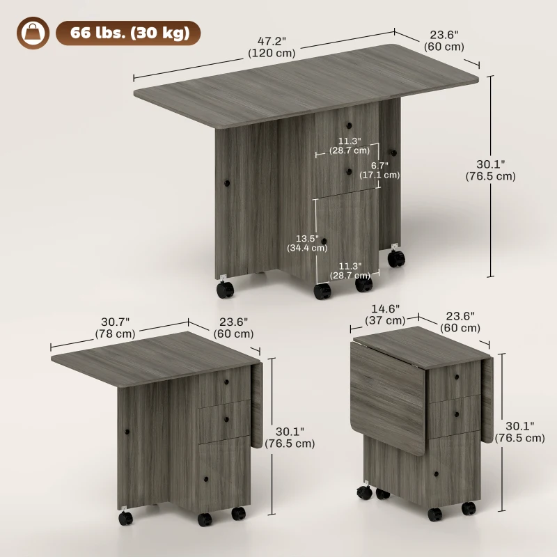 HOMCOM Foldable Dining Table, Rolling Kitchen Table with Storage Drawers and Cabinet, Drop Leaf Table on Wheels, Grey