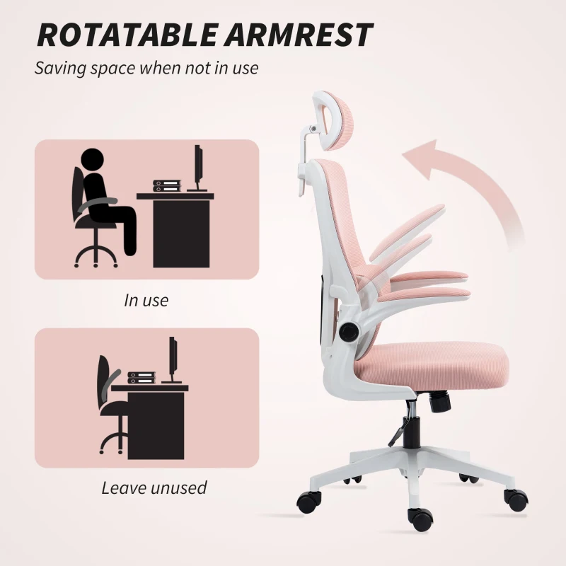 Vinsetto High Back Office Chair, Mesh Computer Desk Chair with Rotatable Headrest, Lumbar Back Support, Adjustable Height, Pink