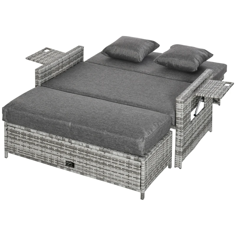 Outsunny 2 Piece Rattan Outdoor Daybed, 2 Seater Sofa Set with Footstool, Storage, Cushions and Pillows for Garden, Patio, Grey