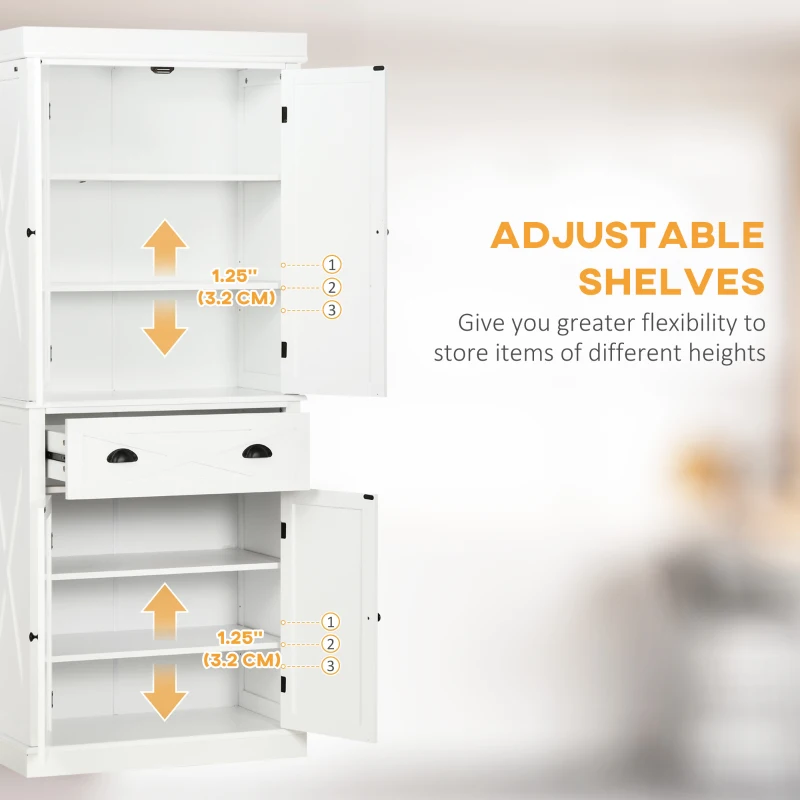 HOMCOM 72.5" Kitchen Pantry Cabinet, Freestanding Storage Cabinet with 4 Doors, Drawer and Adjustable Shelves, White