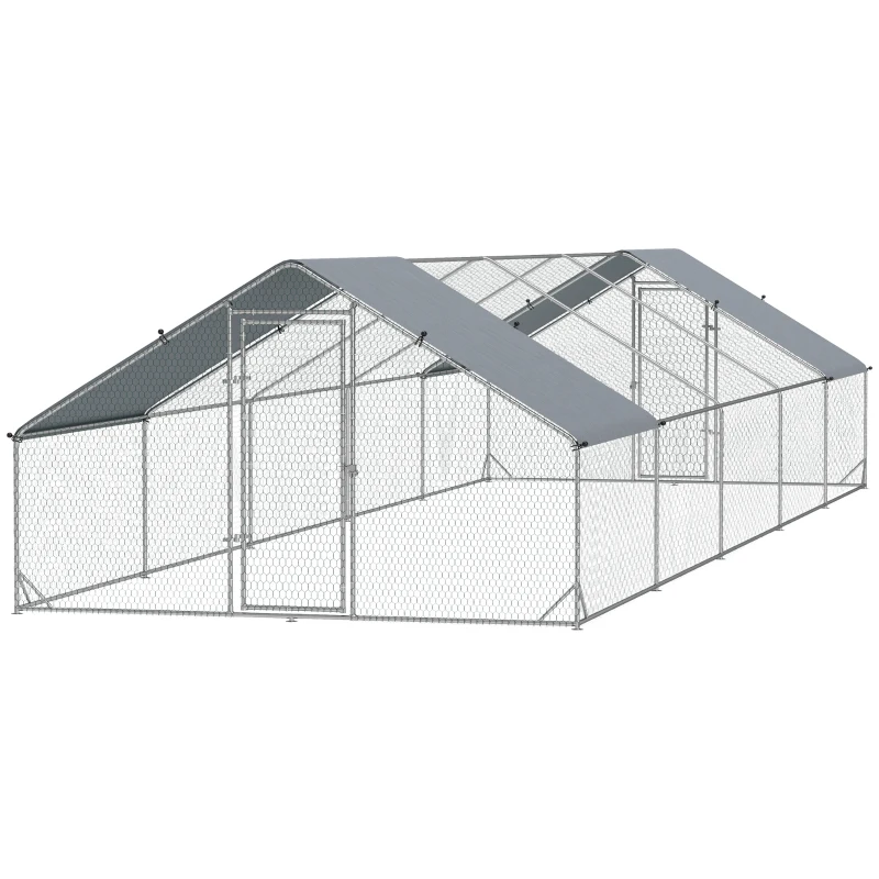 PawHut Metal Chicken Coop with Water- and UV-Protection Cover for Backyard Hen, Duck, Rabbit, 9.8' x 32.8' x 6.4'
