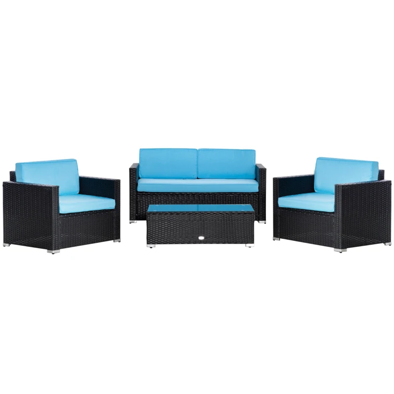 Outsunny 4 Pieces Wicker Patio Furniture Set with Thick Cushions, Outdoor PE Rattan Conversation Sofa Set with Glass Top Table & Extra Wide Seat, Sky Blue
