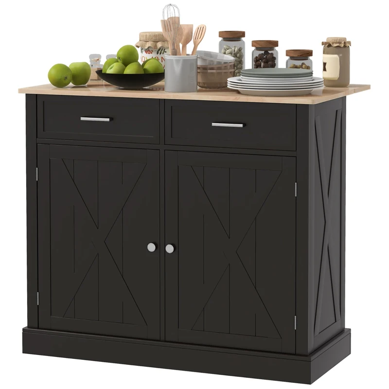HOMCOM Kitchen Island with Drop Leaf, Rolling Kitchen Cart with 2 Drawers, Adjustable Shelves and Wood Countertop, Black