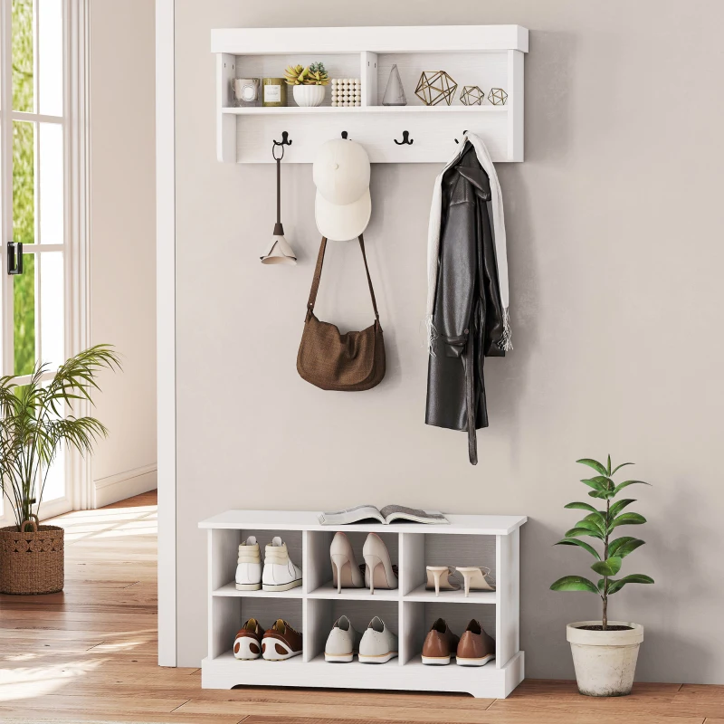 HOMCOM Coat Rack Shoe Bench Set, Entryway Shoe Bench with 8 Storage Cubbies, 4 Hooks for Hallway, Living Room, White