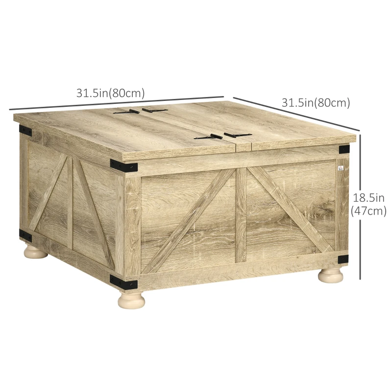 HOMCOM Farmhouse Coffee Table, Square Center Table with Flip-top Lids, Hidden Storage Compartment and Wooden Legs, Oak