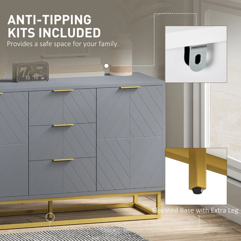 HOMCOM Sideboard Storage Cabinet with 3 Drawers, Adjustable Shelves and Doors, Kitchen Buffet Cabinet for Dining Room, Grey