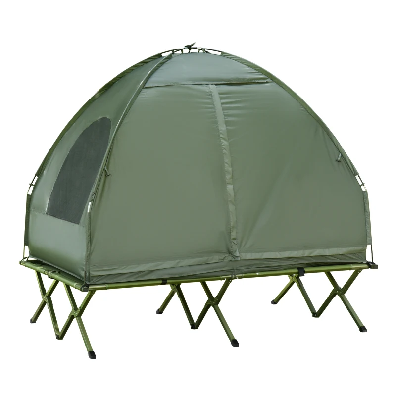 Outsunny All in 1 Camping Combo Portable Folding Camping Tent Cot Air Mattress w/ Carry Bag and Pump Hiking Shelter Sleeping Bed Dark Green