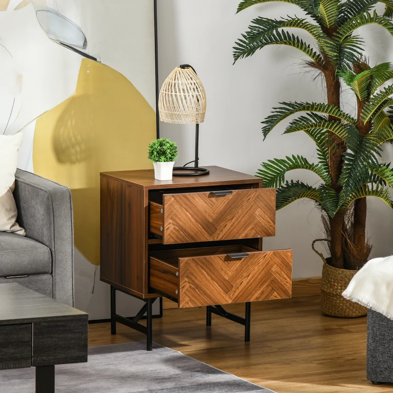 HOMCOM Bedside Table, Nightstand for Bedroom, End Side Table Dresser Storage with 2 Drawers, Walnut Brown