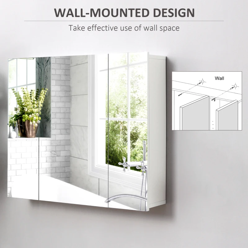 kleankin 28" x 24" Wall Mounted Mirror Cabinet, Bathroom Medicine Cabinet with Mirror, 3 Doors and Adjustable Shelves, White