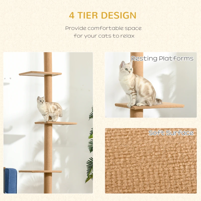 PawHut 100" Floor To Ceiling Cat Tree w/ 3 Perches Activity Center for Kittens Cat Tower Furniture, Light Brown