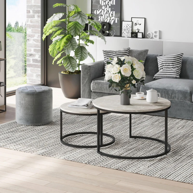 HOMCOM Modern Coffee Table Set of 2, Nesting Side Tables w/ Metal Base for Living Room Bedroom Office Cement Grey