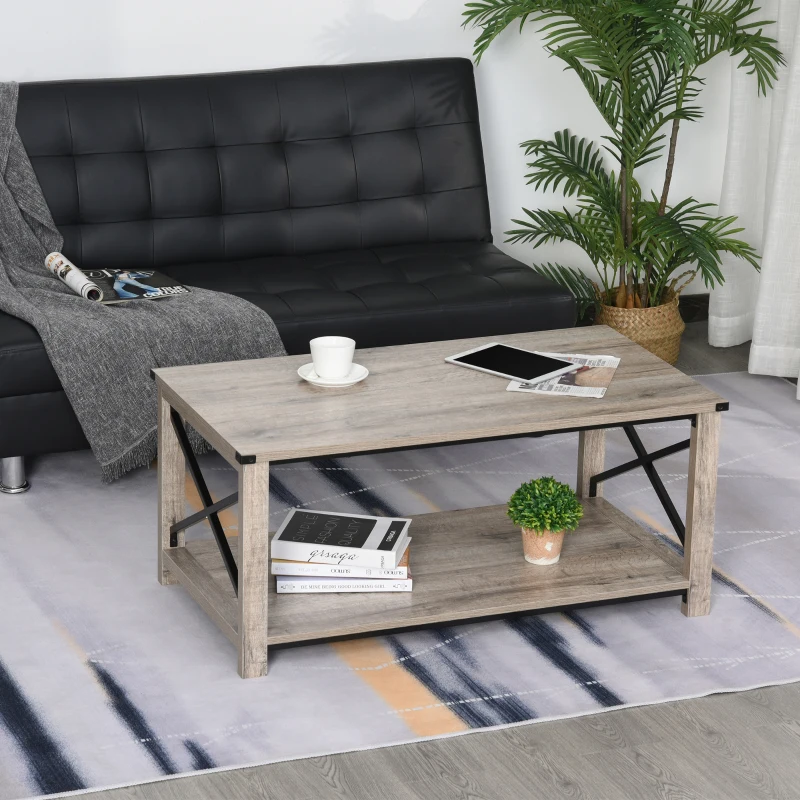 HOMCOM Industrial Coffee Table, Cocktail Table with Bottom Storage Shelf, Metal X-Bar for Living Room Bedroom