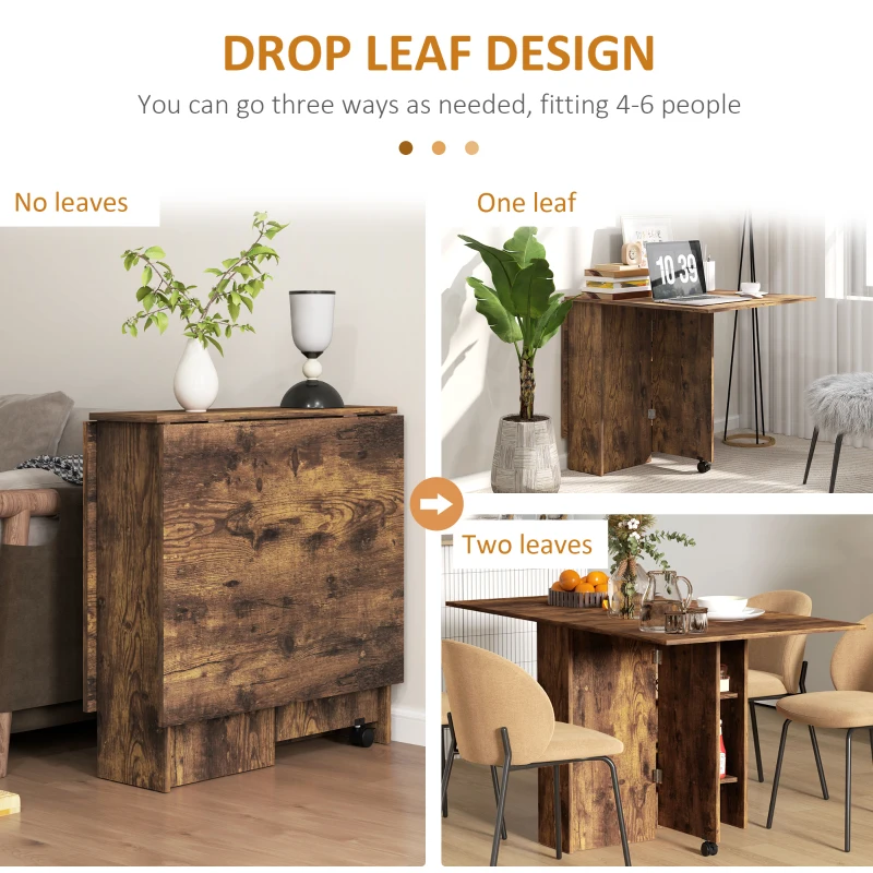 HOMCOM Extendable Dining Table, Collapsible Folding Table w/ 2-tier Shelves and Rolling Casters, Rustic Brown