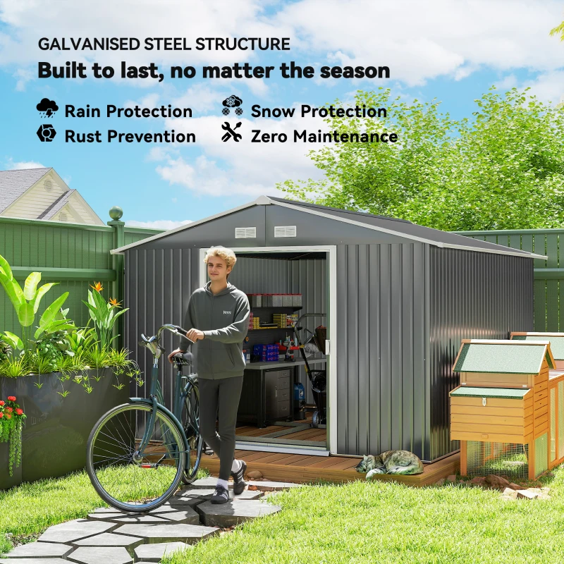 Outsunny 9' x 10.6' Garden Storage Shed w/ Foundation Kit Metal Tool Storage House w/ Double Doors Light Grey