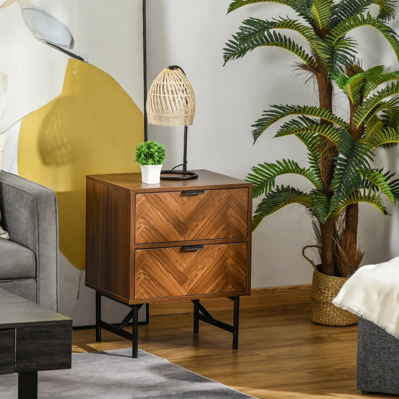 HOMCOM Bedside Table, Nightstand for Bedroom, End Side Table Dresser Storage with 2 Drawers, Walnut Brown