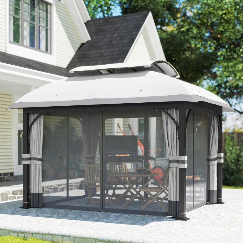 Outsunny 11' x 13' Patio Gazebo, Double Roof Outdoor Gazebo Canopy with Netting & Curtains, Galvanized Metal Frame, Light Grey