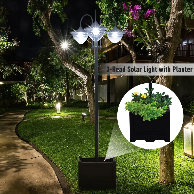 Outsunny 3-head LED Solar Light Lamp Street Light Post with Planter, Solar-powered Lamp Post, Black