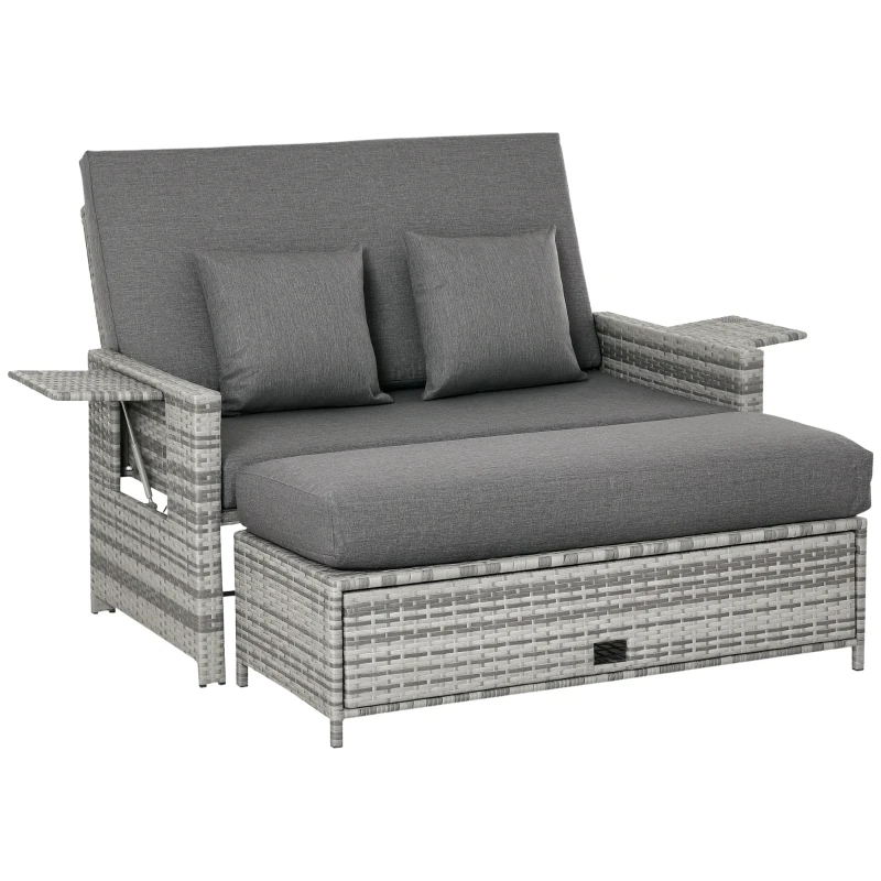 Outsunny 2 Piece Rattan Outdoor Daybed, 2 Seater Sofa Set with Footstool, Storage, Cushions and Pillows for Garden, Patio, Grey