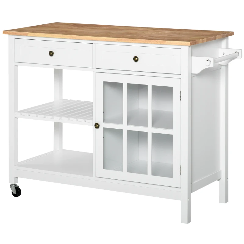HOMCOM Kitchen Cart on Wheels, Utility Storage Island with Rubber Wood Top, Towel Rack, Cabinets, Drawers, White