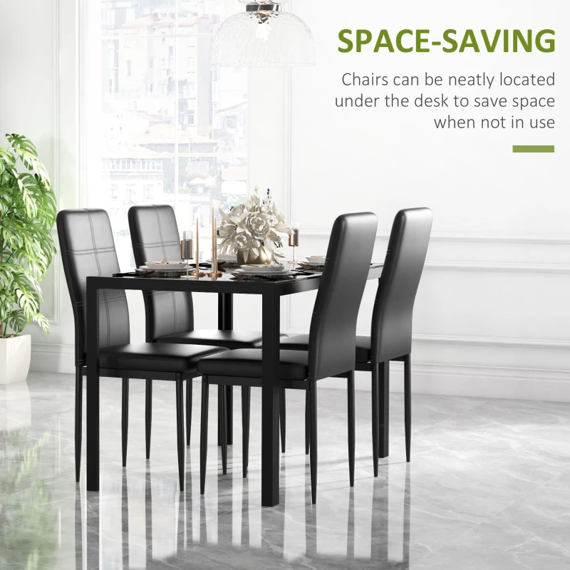 HOMCOM 5-Piece Rectangular Glass Kitchen Table and Chairs with Metal Frame and Faux Leather Upholstery for Dining Room, Black