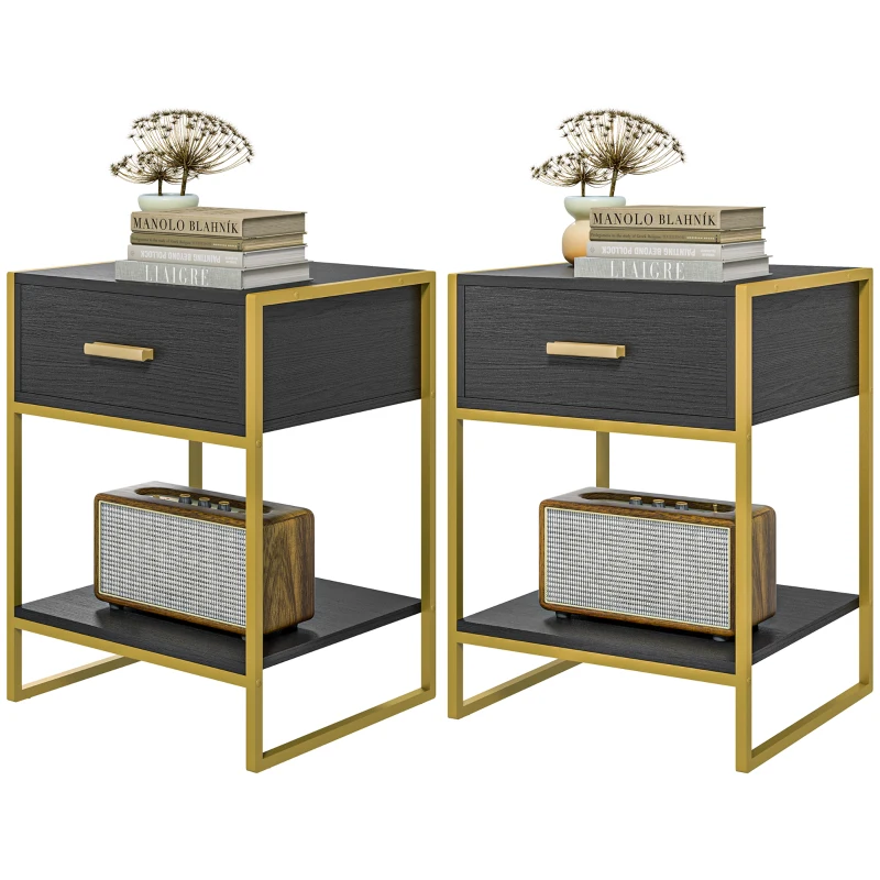 HOMCOM Modern Nightstand Set Of 2, Small Bedside Table with Drawer, Shelf and Steel Frame for Bedroom, Black
