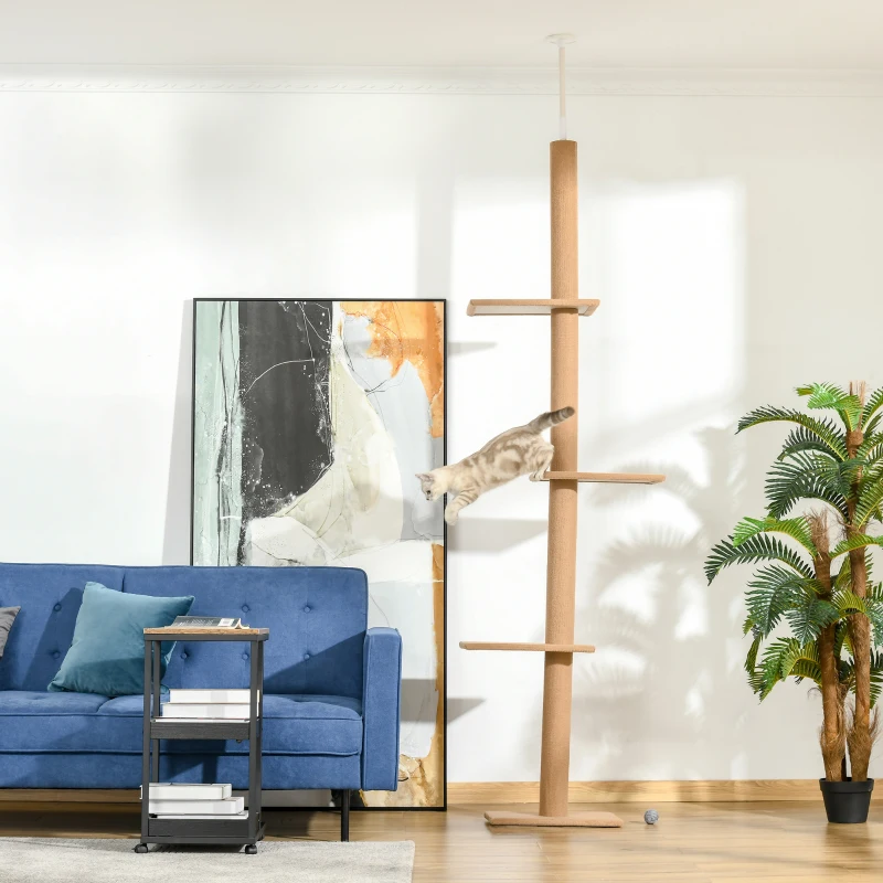 PawHut 100" Floor To Ceiling Cat Tree w/ 3 Perches Activity Center for Kittens Cat Tower Furniture, Light Brown