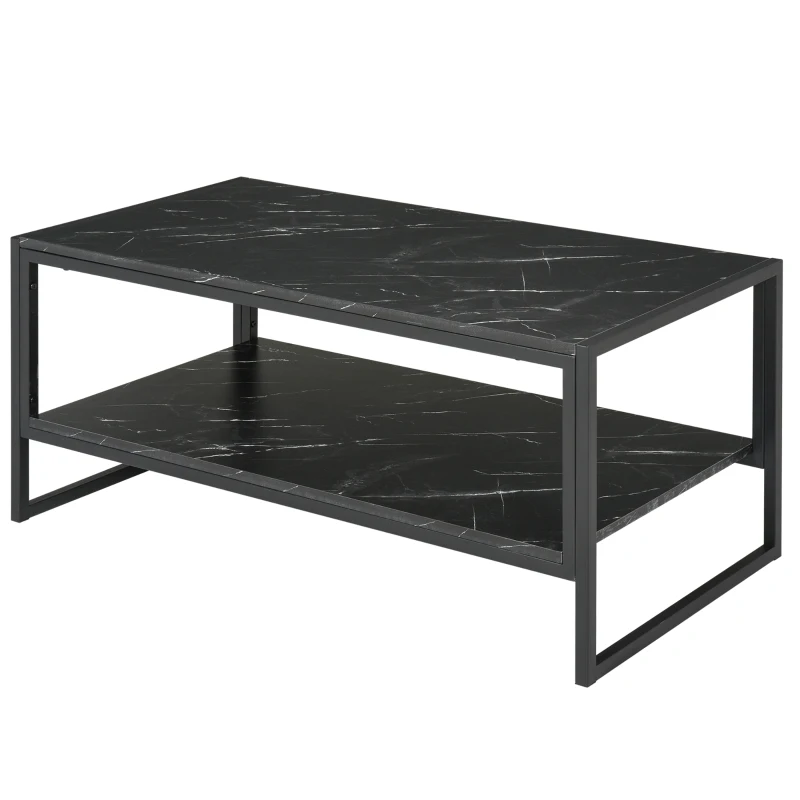 HOMCOM 2-Tier Coffee Table with Storage Shelf, Cocktail Table with Marble Textured Table Top, for Living Room Bedroom Dorm, Black