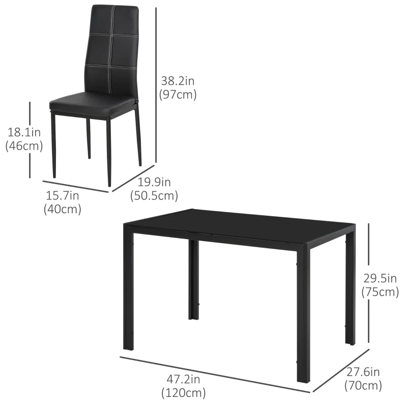 HOMCOM 5-Piece Rectangular Glass Kitchen Table and Chairs with Metal Frame and Faux Leather Upholstery for Dining Room, Black