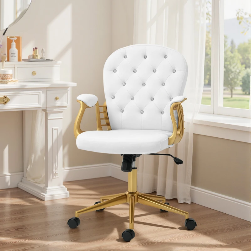 Vinsetto Velvet Office Desk Chair Button Tufted Vanity Chair with Swivel Wheels, Adjustable Height and Tilt Function, Cream White