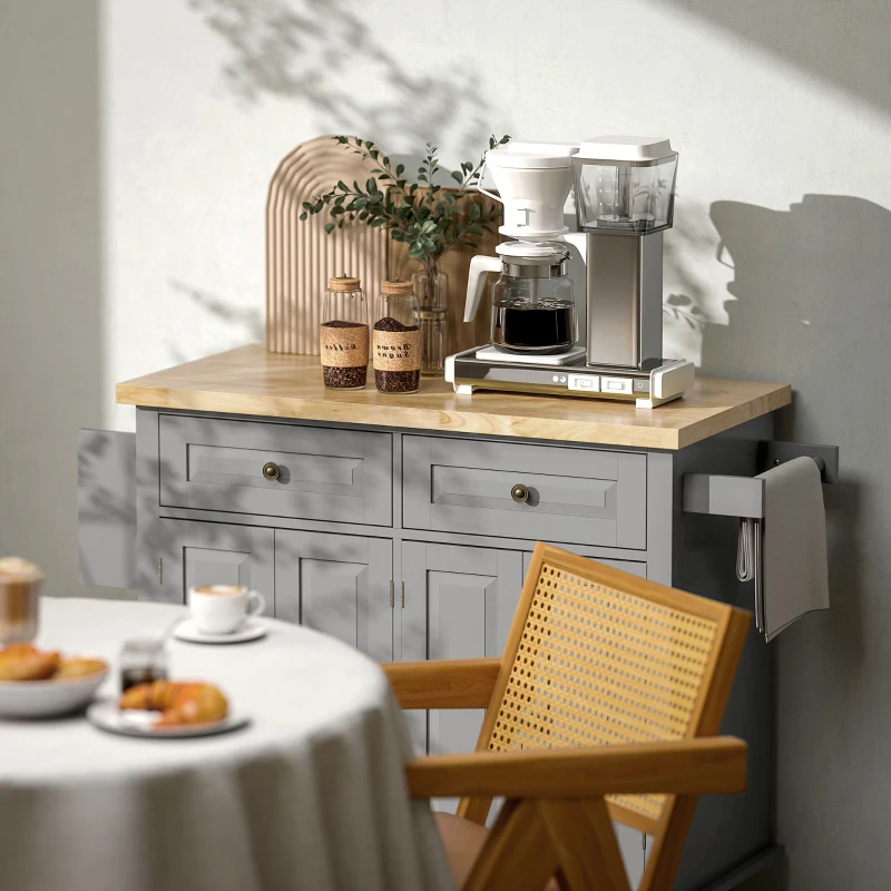 HOMCOM Kitchen Island with Storage, Rolling Trolley Cart with Rubber Wood Top, Spice Rack, Towel Rack, Grey
