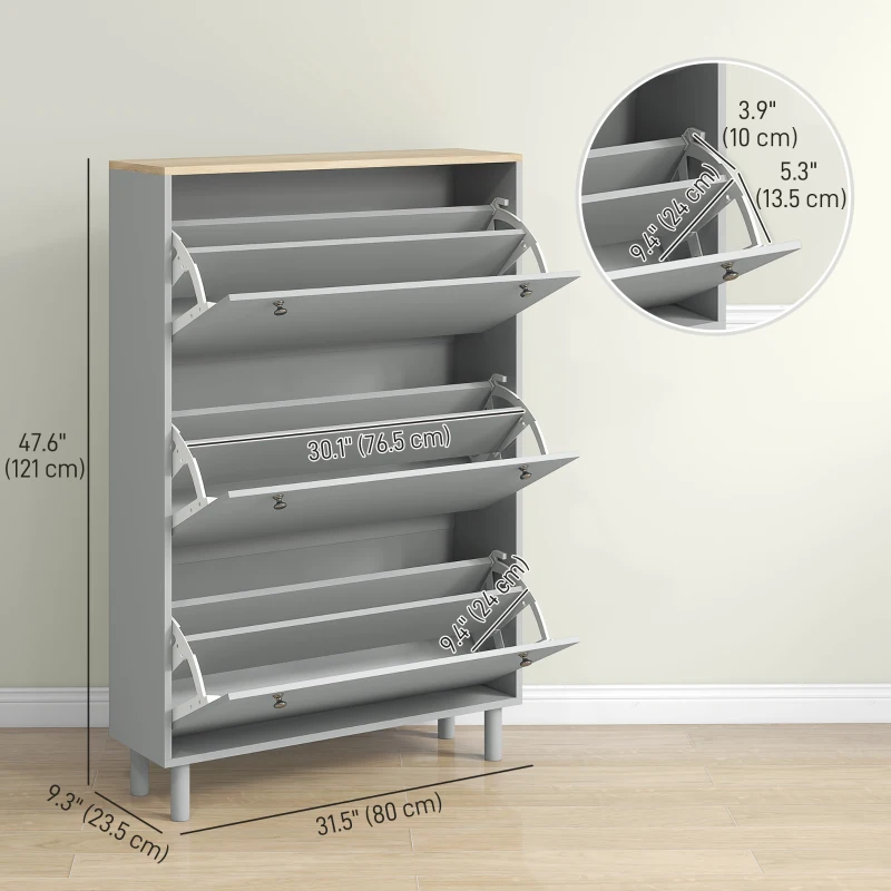 HOMCOM Entryway Shoe Storage Small Modern Flip-Flop Shoe Cabinet with 3 Flip Drawers Adjustable Shelves for 24 Pairs of Shoes, Grey