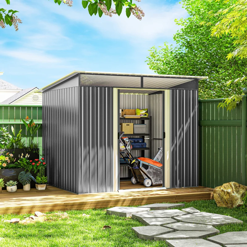 Outsunny 8.5' x 6' Small Gardening Shed Lockable Steel Utility Storage Outdoor Backyard Garden for Gardeners, Grey