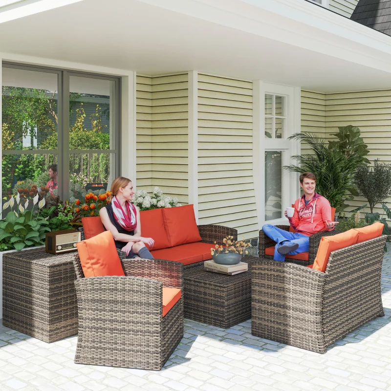 Outsunny 6 Pieces Wicker Patio Furniture Set with Cushions, 7-Seater Rattan Patio Sofa Set with Storage Table, Orange