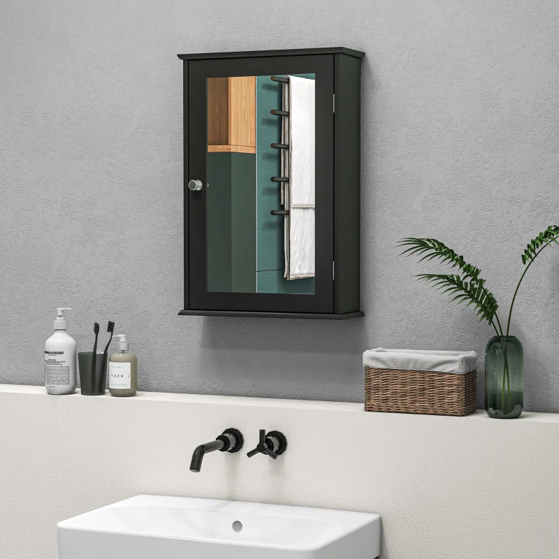 kleankin Bathroom Mirror Cabinet, Wall Mounted Medicine Cabinet with Door and Shelves, Black