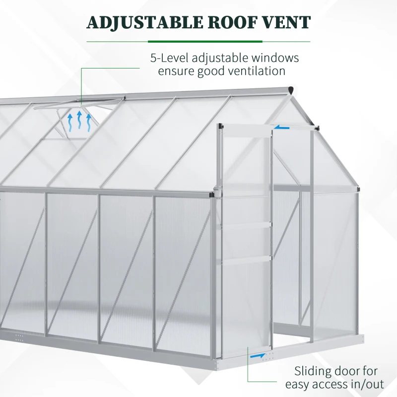 Outsunny 6' x 12' x 6.5' Walk-in Greenhouse, Polycarbonate Greenhouse with Adjustable Roof Vent, Base, Sliding Door, Clear
