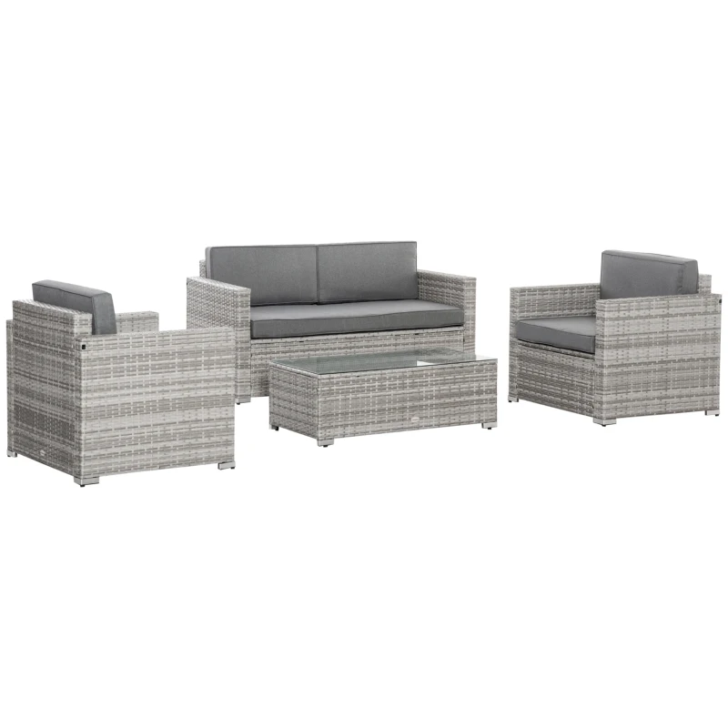 Outsunny 4 Pieces Patio Wicker Sofa Set, Outdoor PE Rattan Extra Wide Seat Conversation Furniture w/ Tempered Glass Table-top & Thick Padded Cushion for Garden, Backyard, Lawn, Mixed Grey
