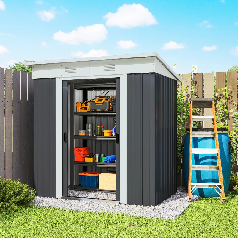 Outsunny 6' x 4' Outdoor Storage Shed, Metal Garden Tool Storage House Organizer with Lockable Sliding Doors and Vents for Backyard Patio Lawn, Charcoal Grey