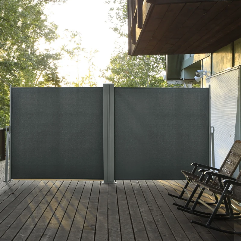 Outsunny 236" x 71" Outdoor Privacy Wall, Double Retractable Side Awning, Patio Screen for Garden, Balcony, Grey