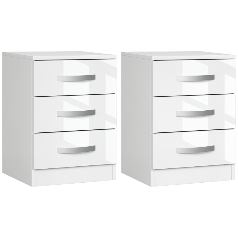HOMCOM Modern Nightstand Set of 2, Bedside Tables with 3 High Gloss Drawers for Bedroom, White