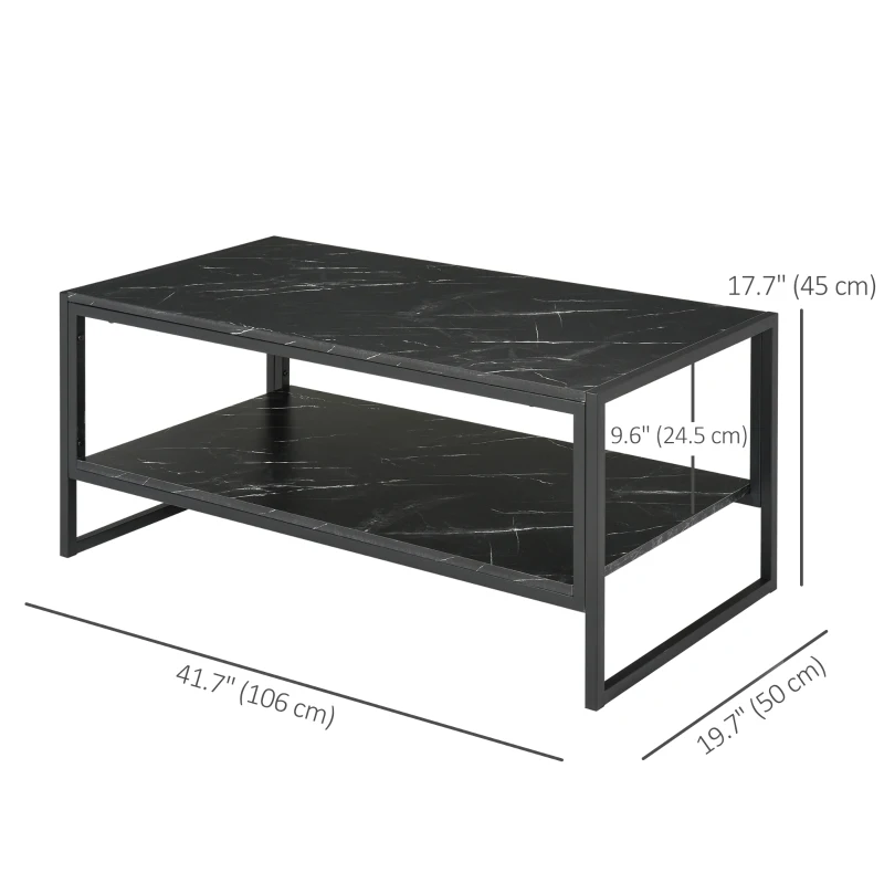 HOMCOM 2-Tier Coffee Table with Storage Shelf, Cocktail Table with Marble Textured Table Top, for Living Room Bedroom Dorm, Black
