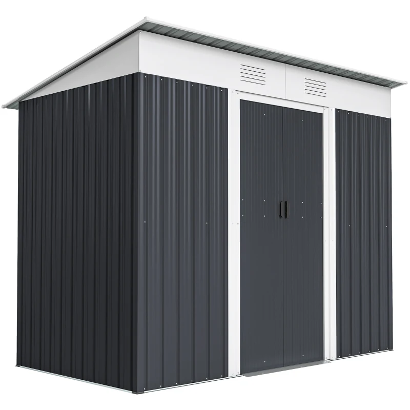 Outsunny 7' x 4' Outdoor Storage Shed, Metal Garden Tool Storage House Organizer with Lockable Sliding Doors and Vents for Backyard Patio Lawn, Charcoal Grey